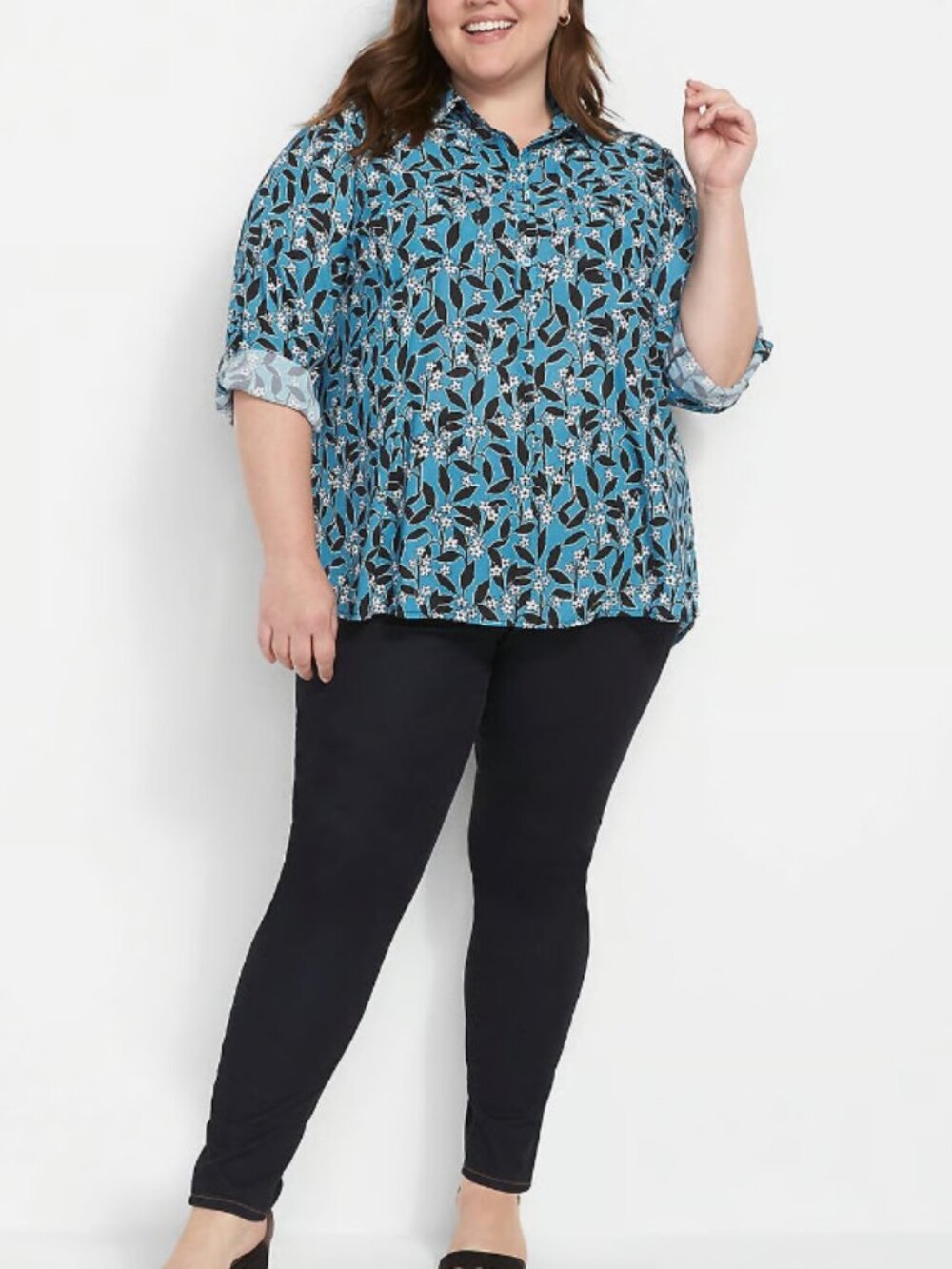 Lane Bryant Top Blouse Womens 22/24 Blue Floral No Peek Collection Career Casual